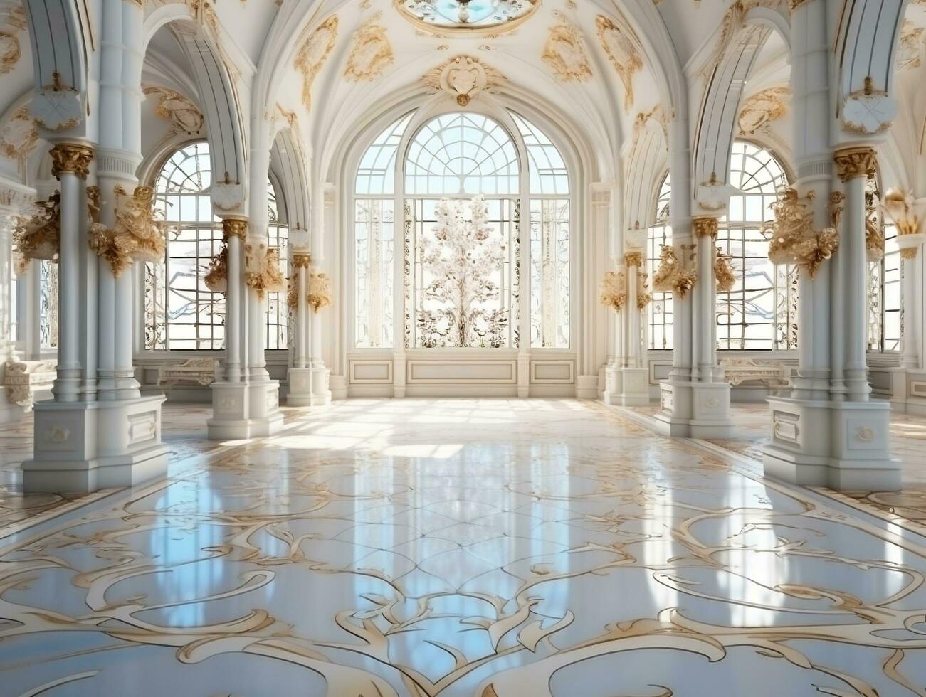 luxueux blanc marbre sol de une palais avec magnifique or ornements ai génératif photo