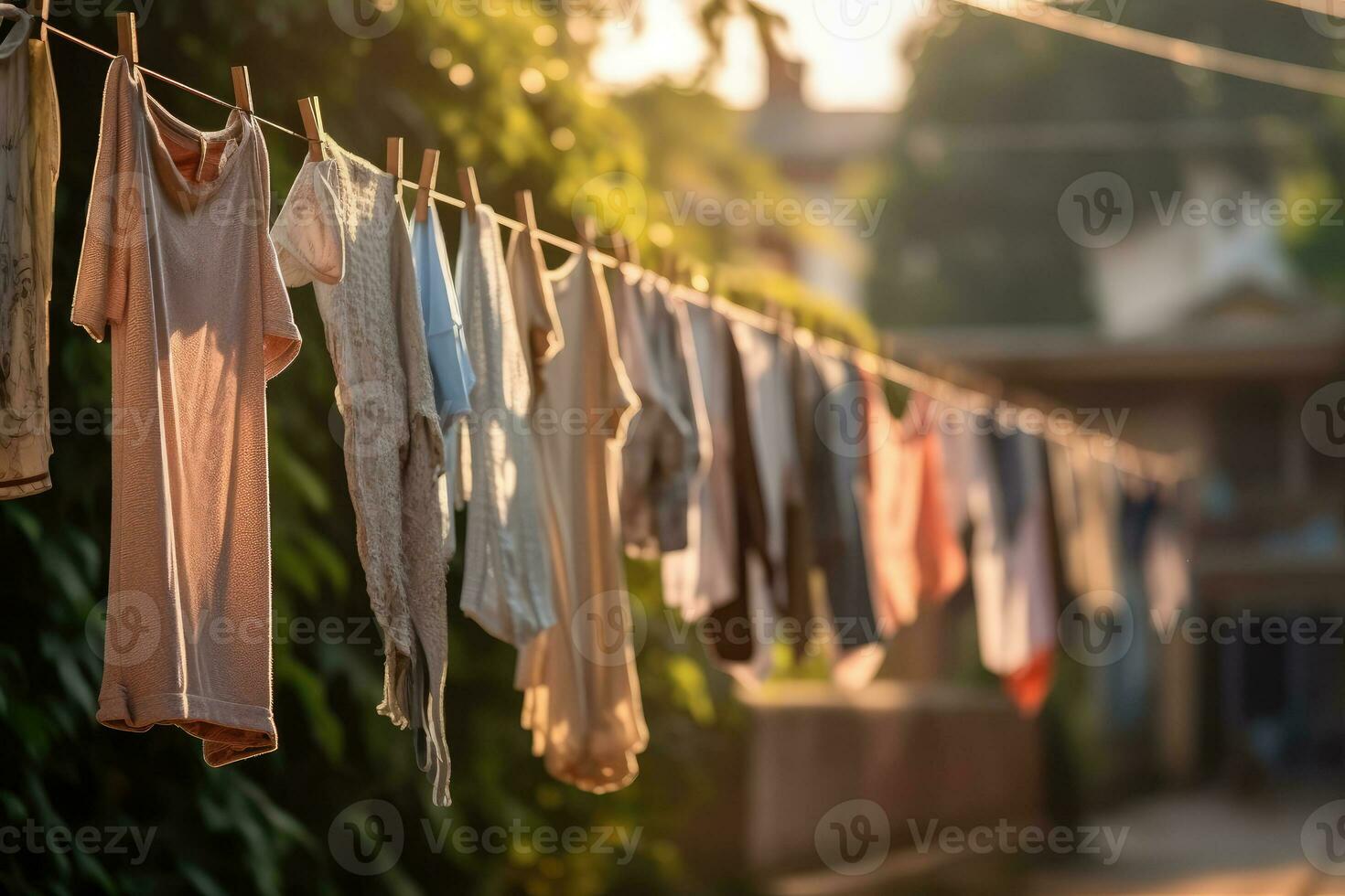 des choses sont pendaison sur une corde. vêtements sec dans le air. génératif ai technologie. photo