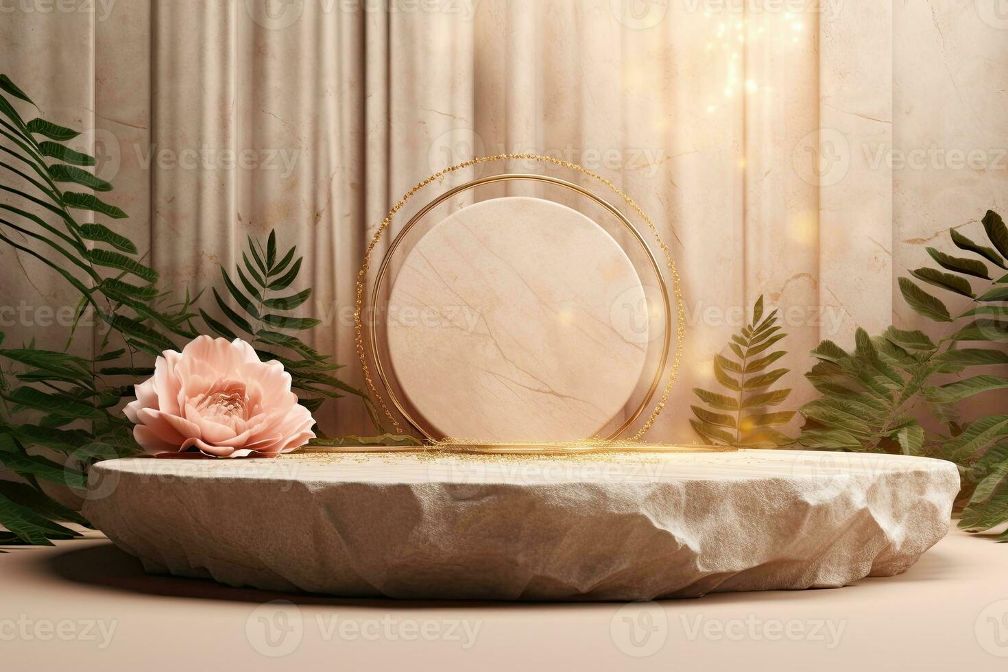 génératif ai, une exotique pierre podium avec feuille ombre et d'or Rose dans beige Couleur pour produit afficher nature, vide afficher salle d'exposition photo