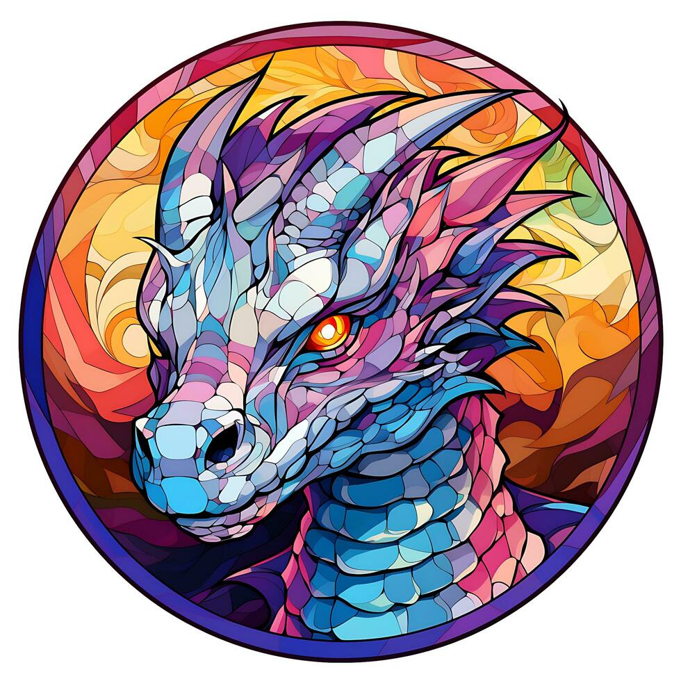 ai généré vue de une dragon visage dans une cercle de coloré coloré verre conception photo