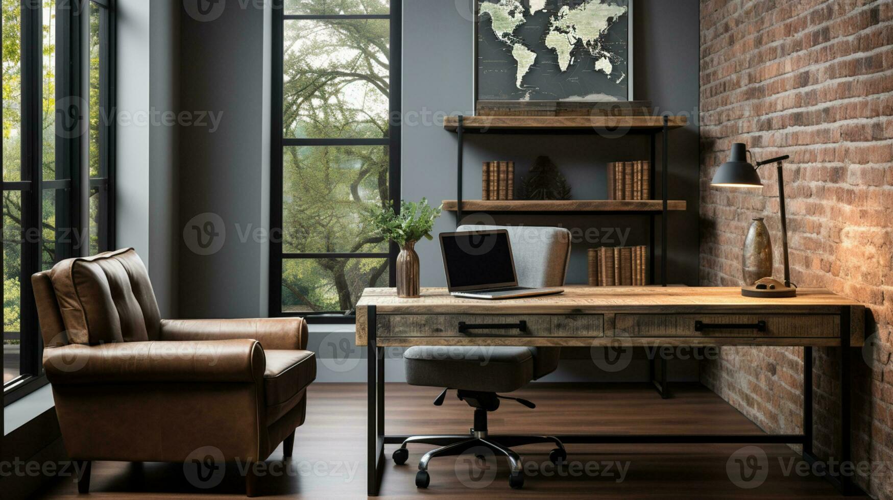 de style industriel Accueil Bureau avec une récupéré bois bureau conception et une étagère à livres, ai génératif photo