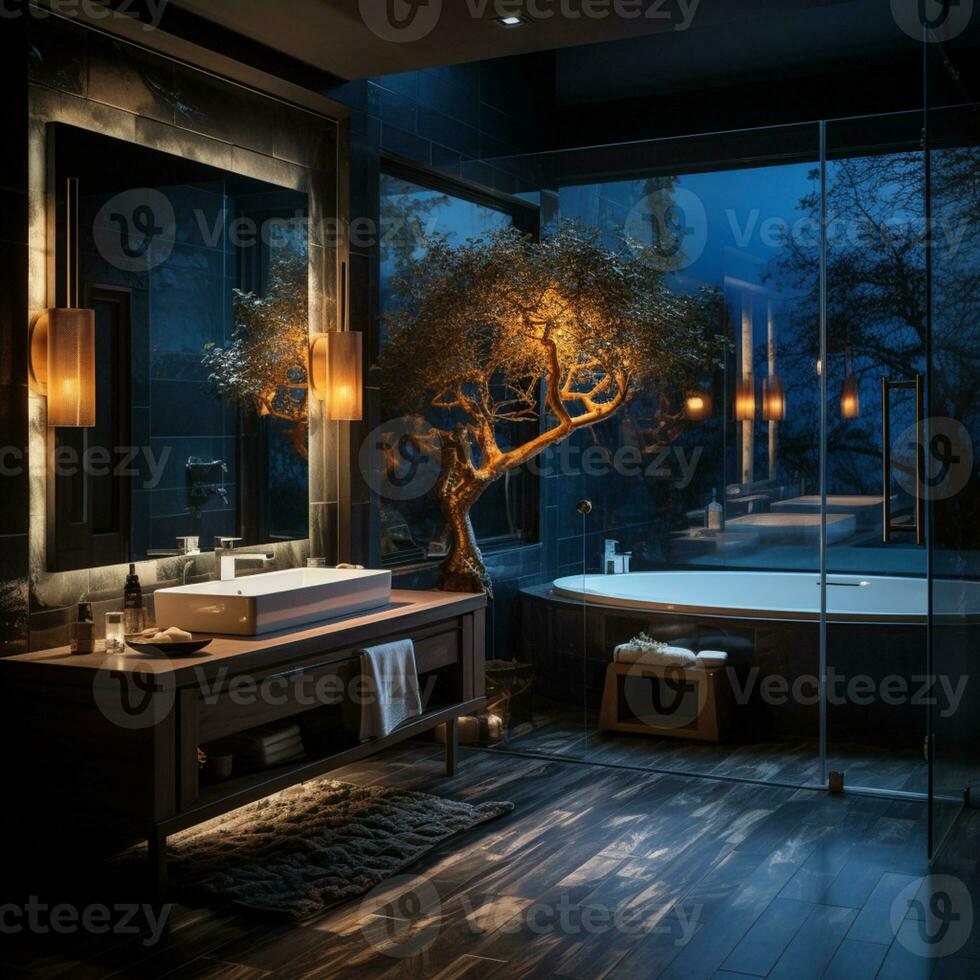 intérieur conception de élégant salle de bains, luxe baignoire, romantique atmosphère,, ai génératif photo