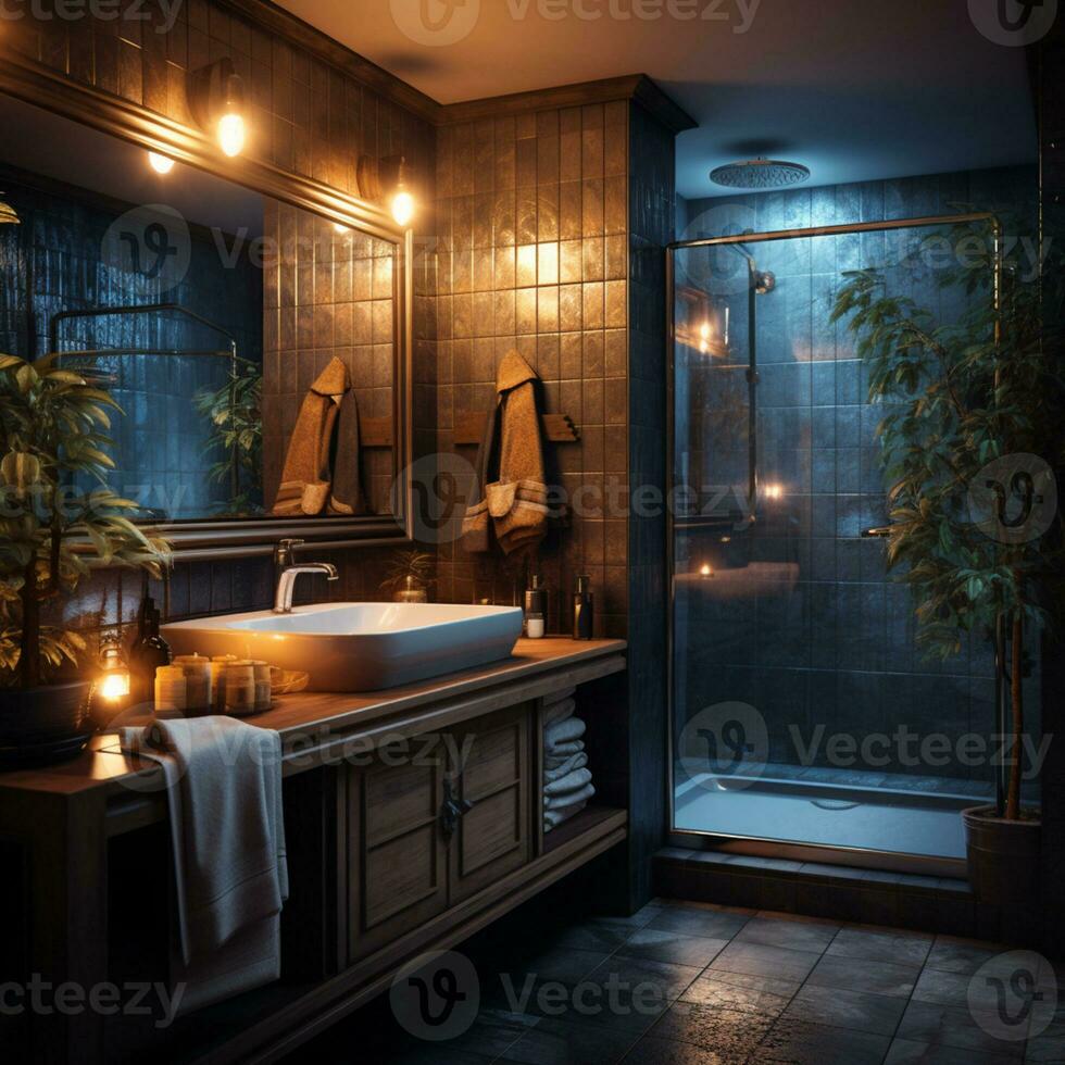 intérieur conception de élégant salle de bains, luxe baignoire, romantique atmosphère, ai génératif photo