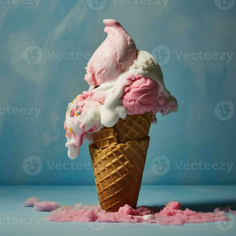 variété de la glace crème boules dans gaufre cônes sur coloré Contexte photo