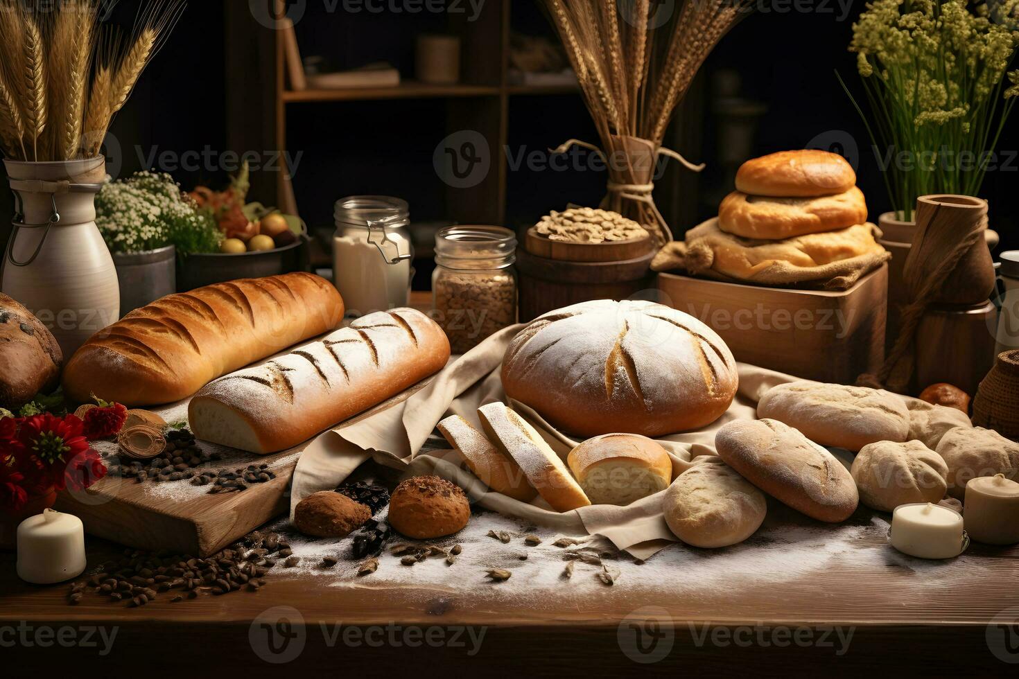 boulangerie farine et pain ornements sur rustique en bois tableau, ai généré photo