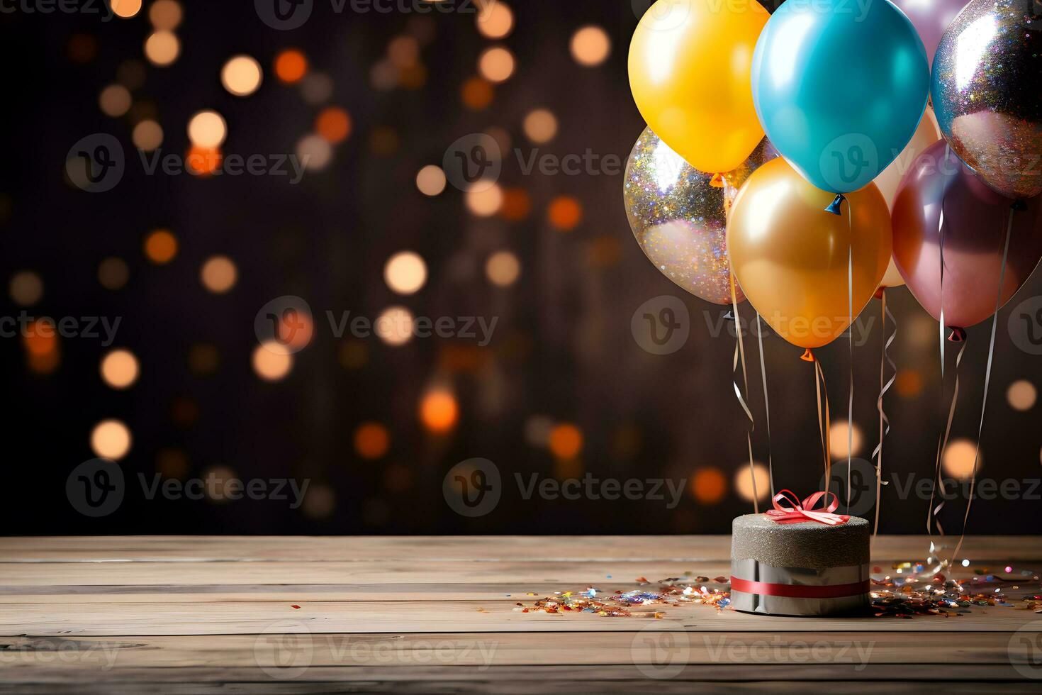 anniversaire et anniversaire fête décor des idées avec en bois table premier plan, ai généré photo