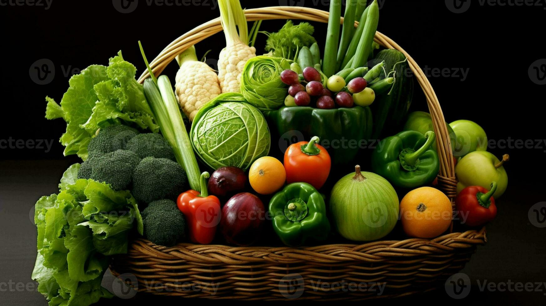 Frais des légumes dans une en bois boîte sur une noir Contexte généré avec ai photo