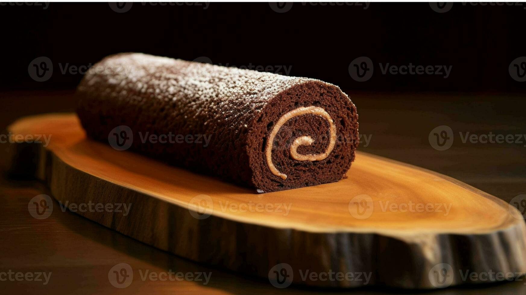 Chocolat rouleau gâteau sur une en bois planche généré avec ai photo