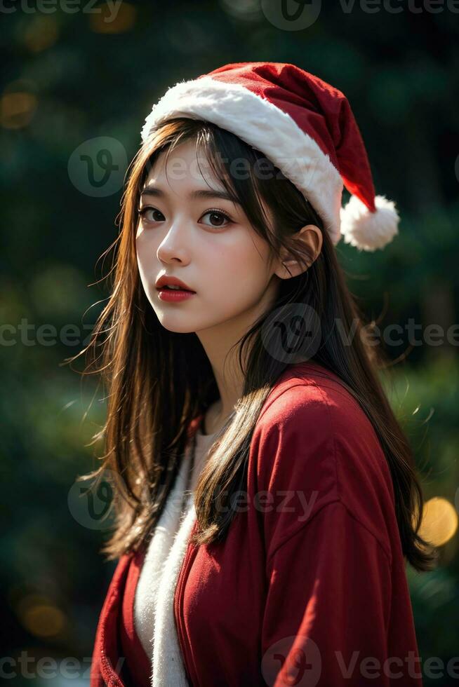 magnifique fille dans Père Noël claus vêtements plus de Noël Contexte photo