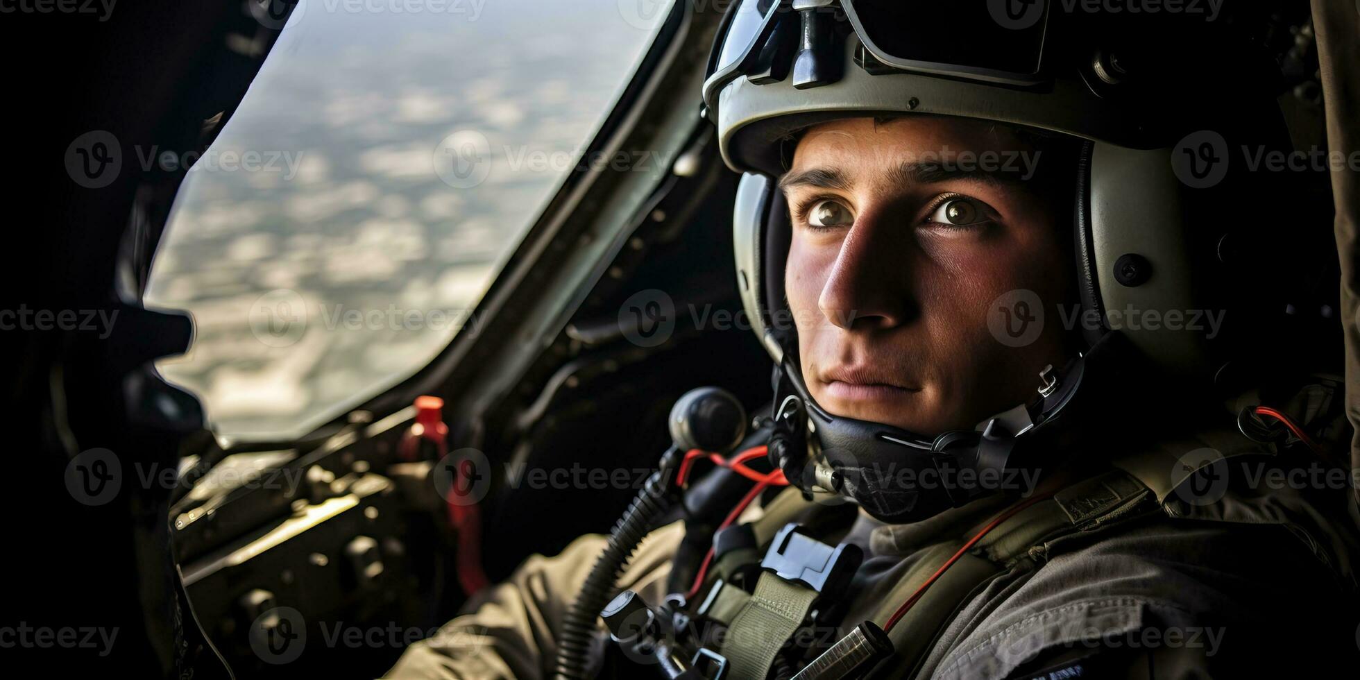 portrait de une Masculin pilote dans le cockpit de le hélicoptère. ai généré. photo