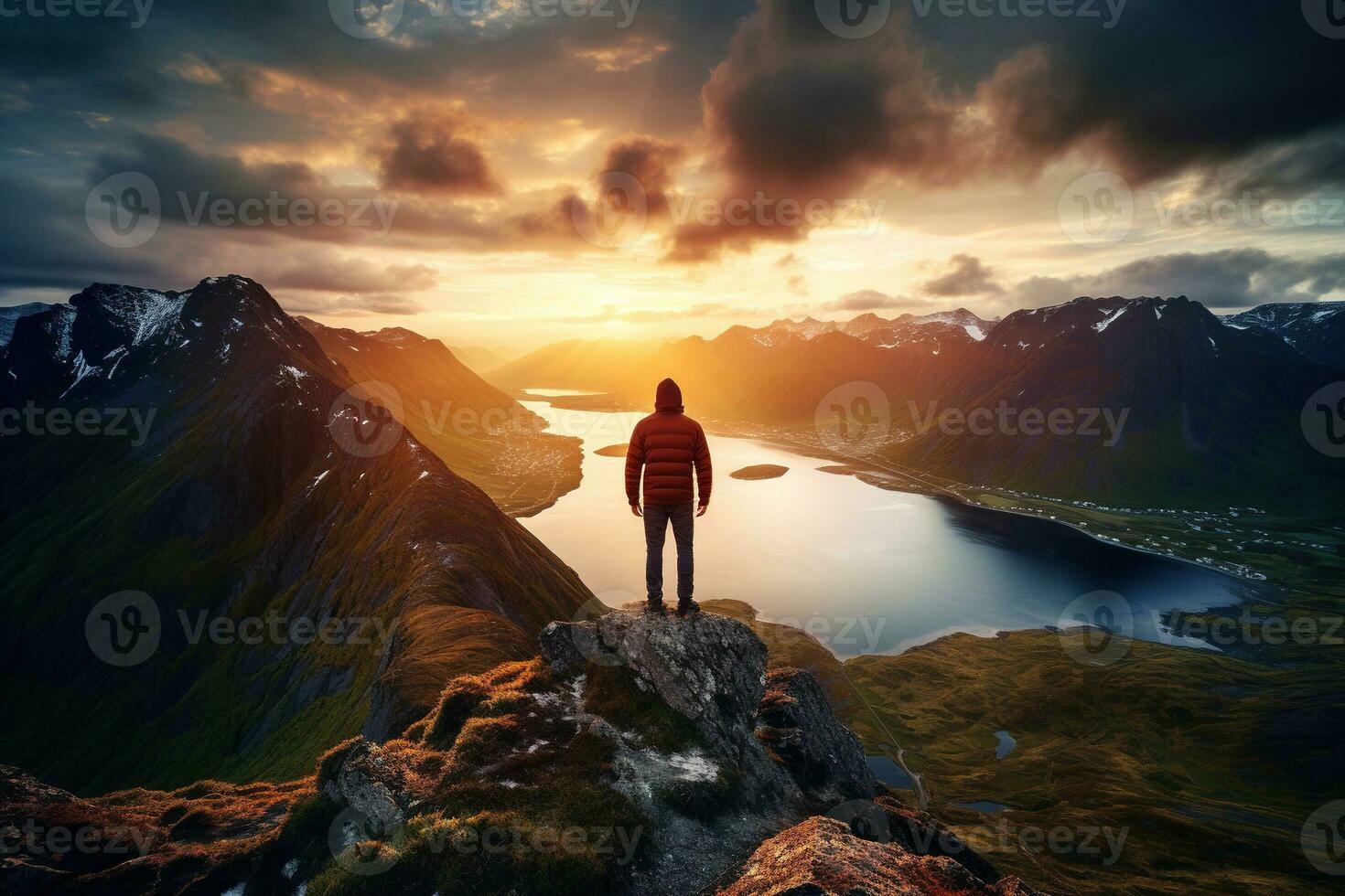 homme permanent sur le Haut de une Montagne et profiter le vue ai généré photo