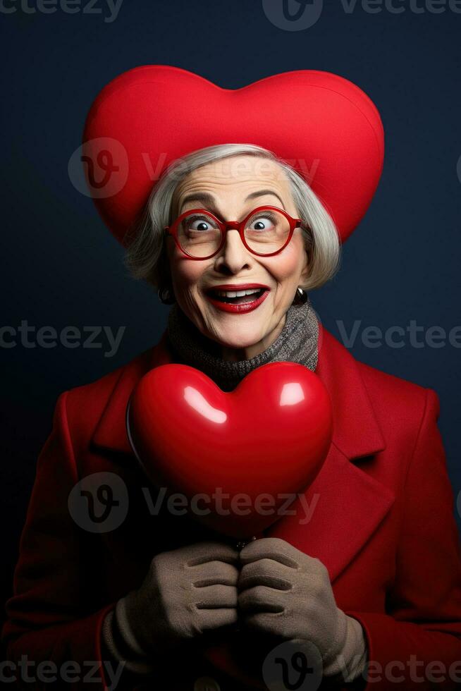 portrait de une content femme avec rouge coeur.valentine journée concept ai généré photo