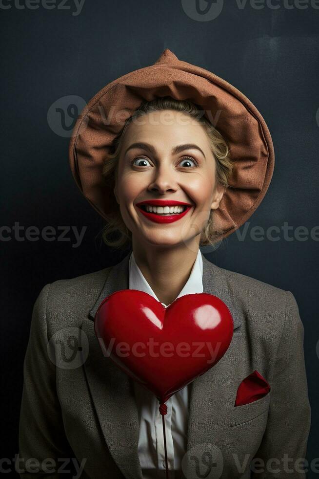 portrait de une content femme avec rouge coeur.valentine journée concept ai généré photo
