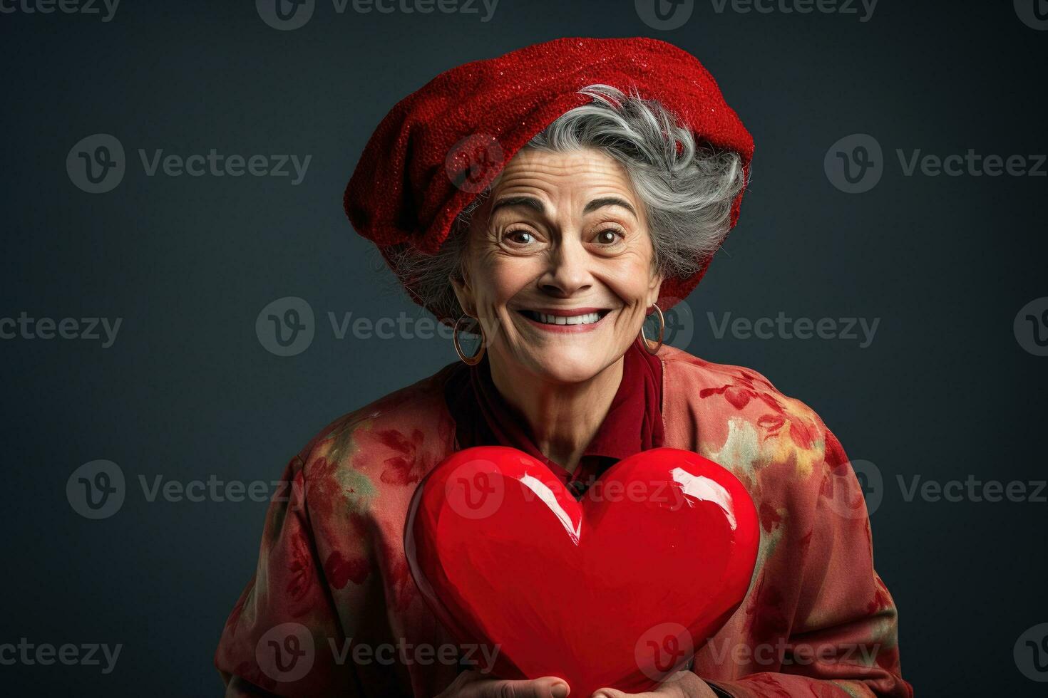 portrait de une content femme avec rouge coeur.valentine journée concept ai généré photo