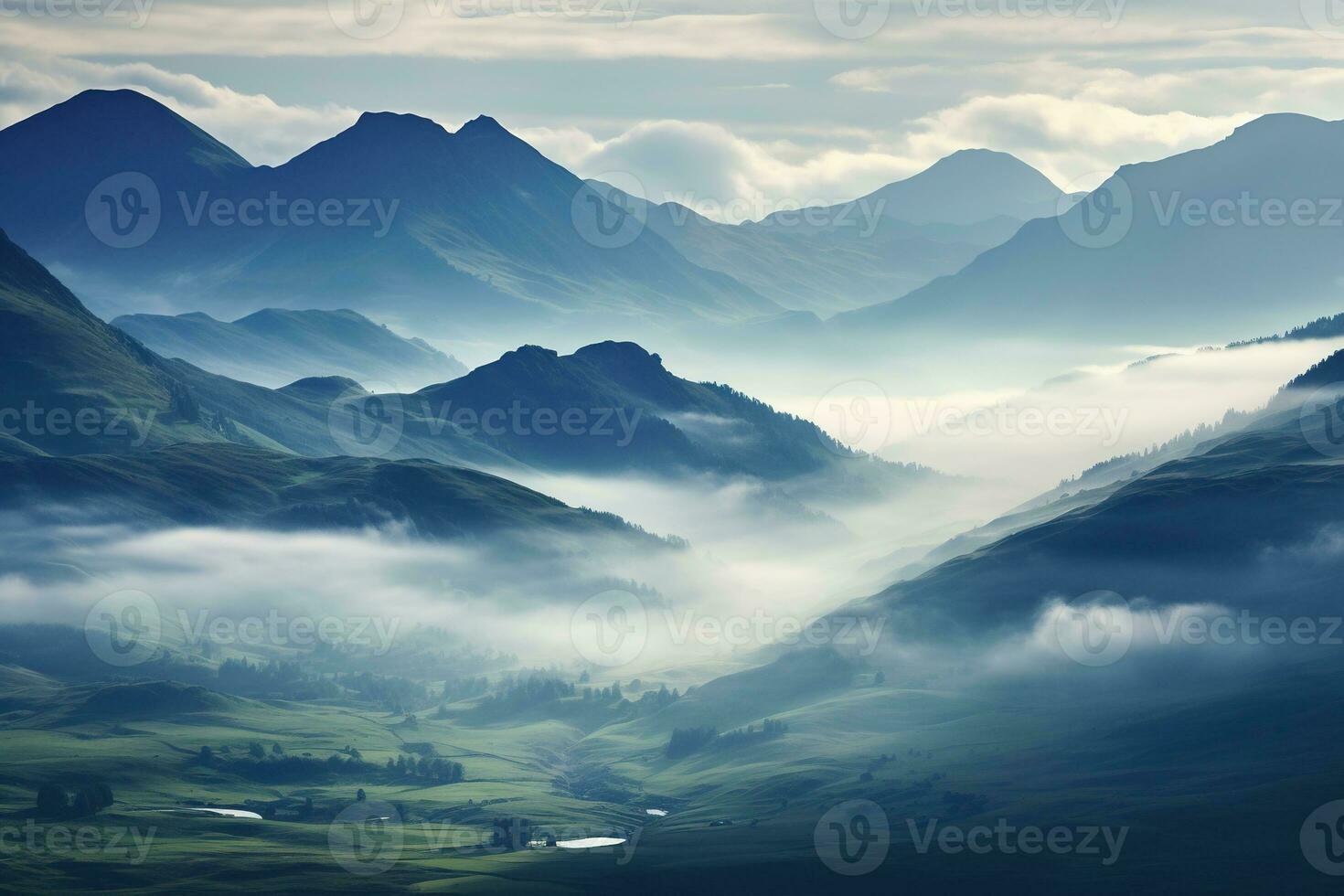 ai généré magnifique paysage de montagnes dans brumeux Beauté du Matin dans nature.ai généré photo