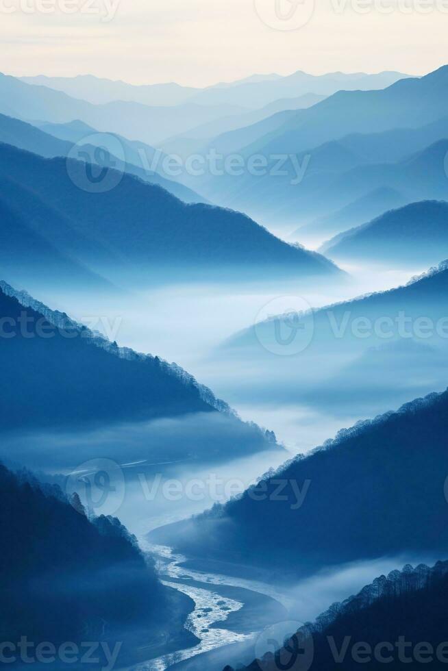 ai généré magnifique paysage de montagnes dans brumeux Beauté du Matin dans la nature. photo