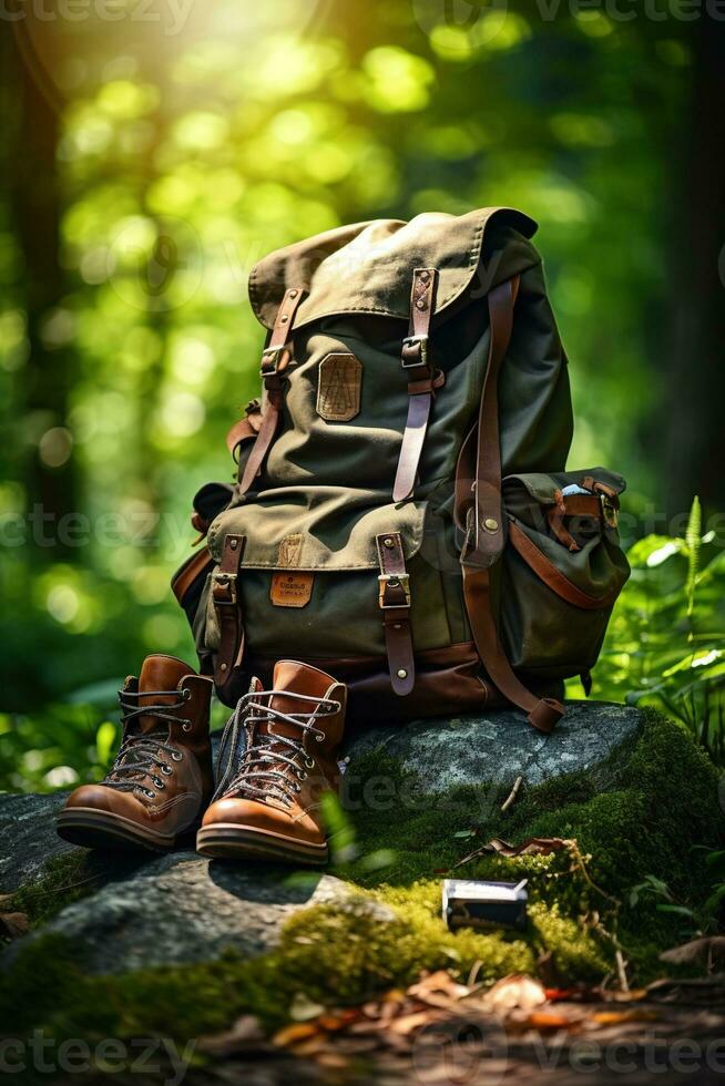 randonnée bottes et sac à dos dans le forêt. Voyage et aventure concept ai généré photo