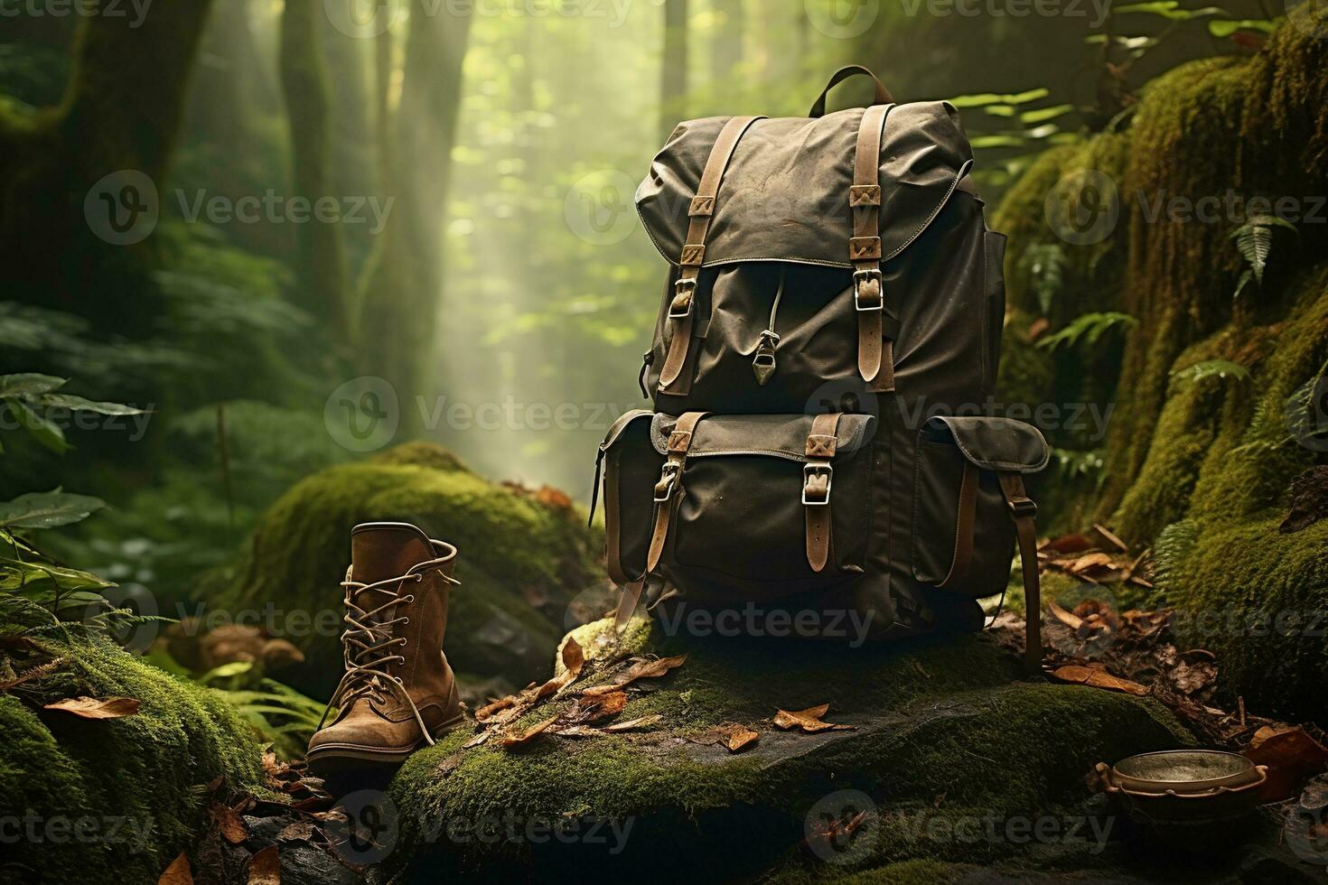 randonnée bottes et sac à dos dans le forêt. Voyage et aventure concept ai généré photo