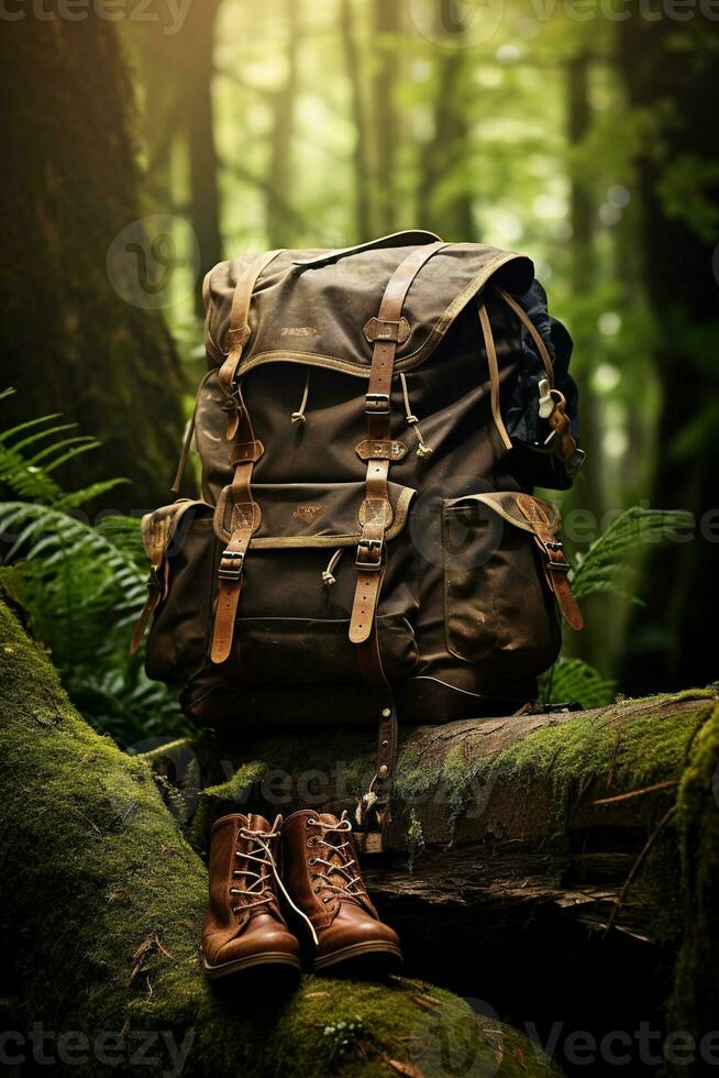 randonnée bottes et sac à dos dans le forêt. Voyage et aventure concept ai généré photo