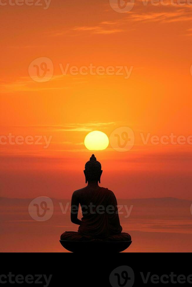 Bouddha statue et le coucher du soleil dans le Matin ai généré photo