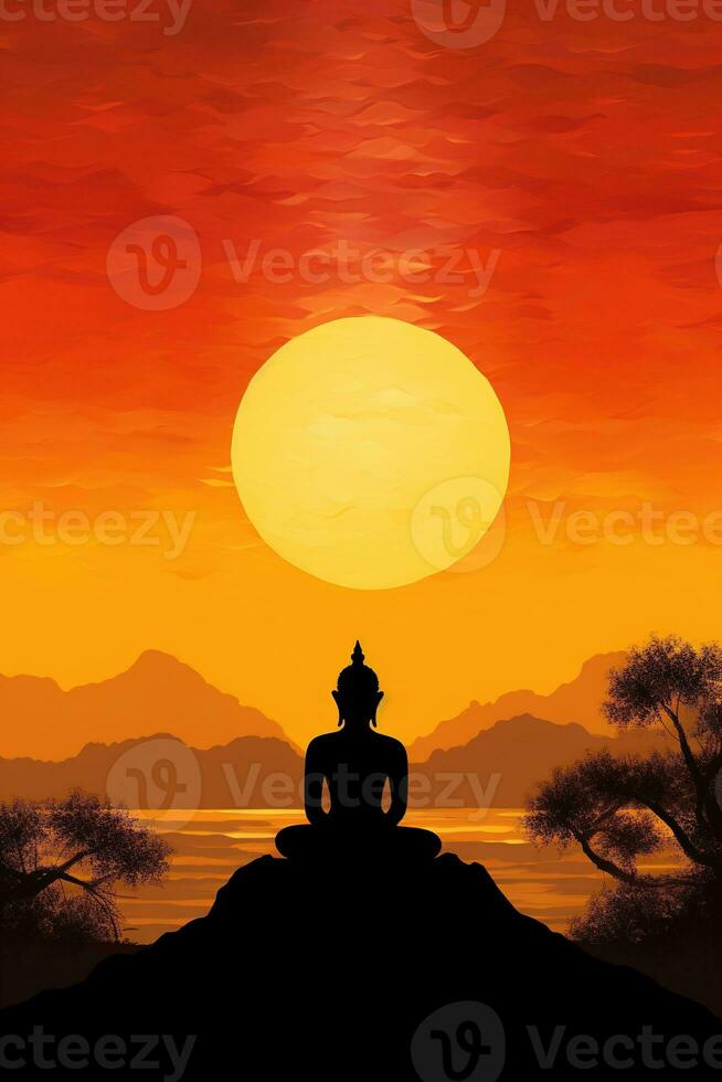 Bouddha statue et le coucher du soleil dans le Matin ai généré photo