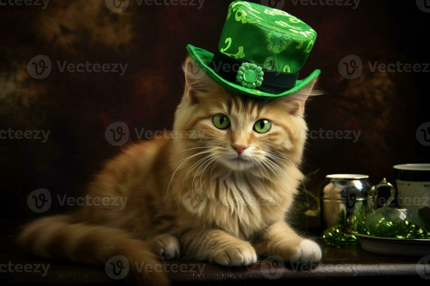 mignonne chat portant une vert Haut chapeau pour st. patrick's journée. ai généré photo