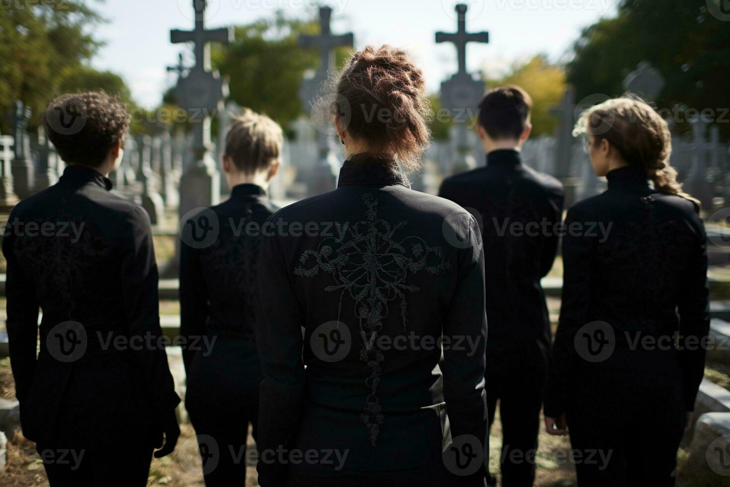 une groupe de Jeune gens dans une cimetière à la recherche à le pierres tombales ai généré photo