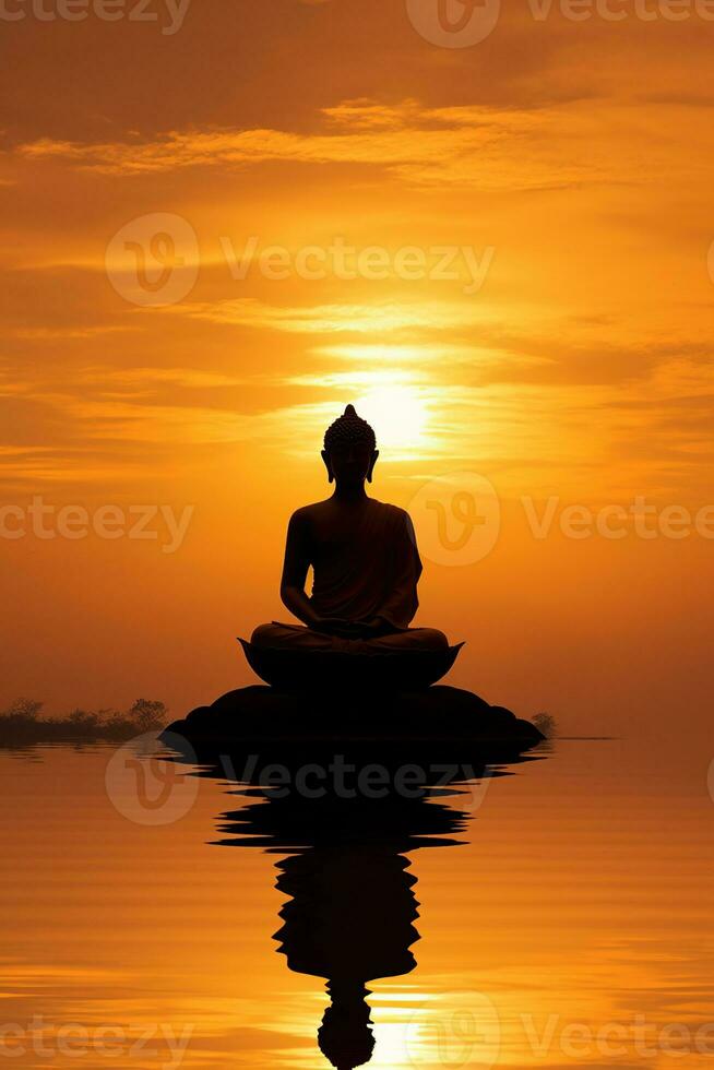 Bouddha statue et le coucher du soleil dans le Matin ai généré photo