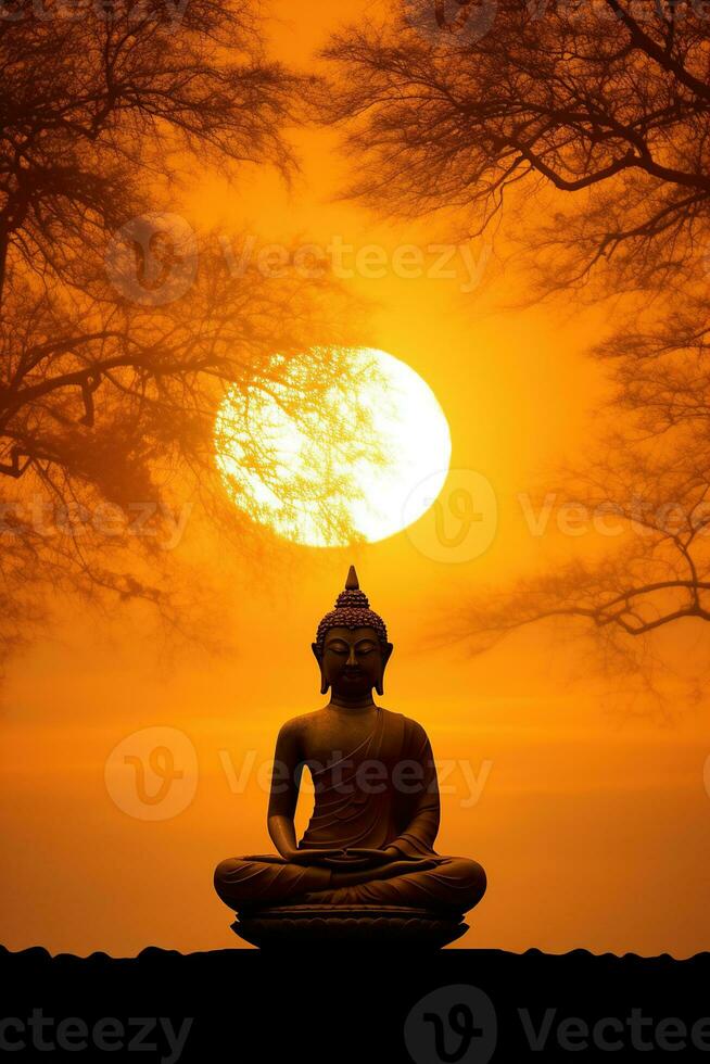 Bouddha statue et le coucher du soleil dans le Matin ai généré photo