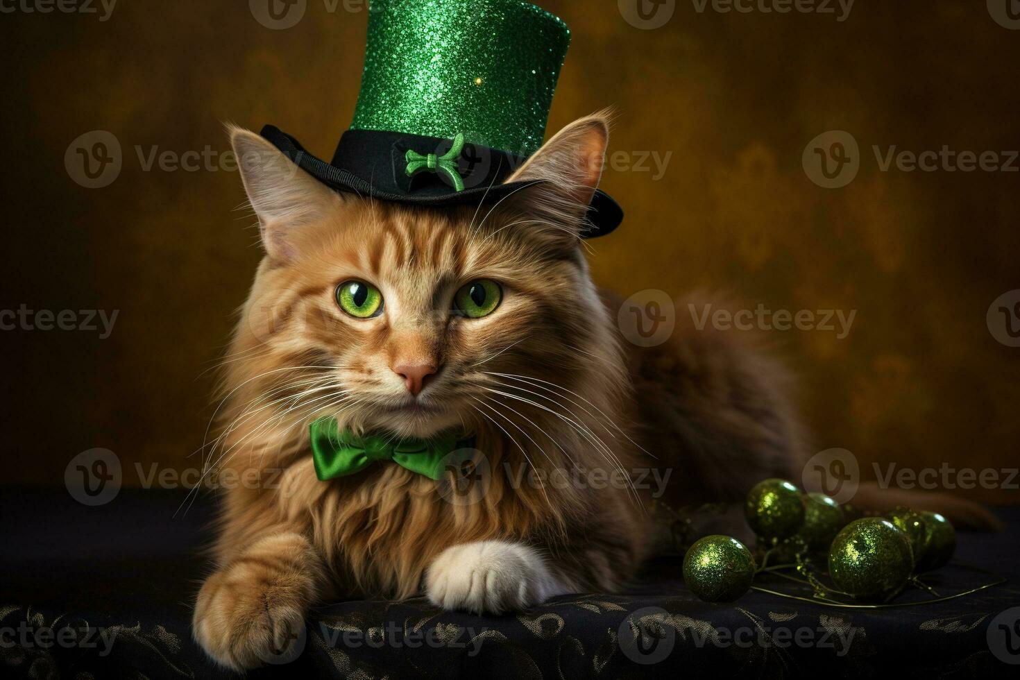 mignonne chat portant une vert Haut chapeau pour st. patrick's journée. ai généré photo