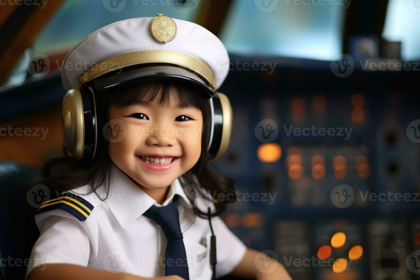 portrait de une mignonne asiatique peu fille dans une pilote uniforme ai généré photo