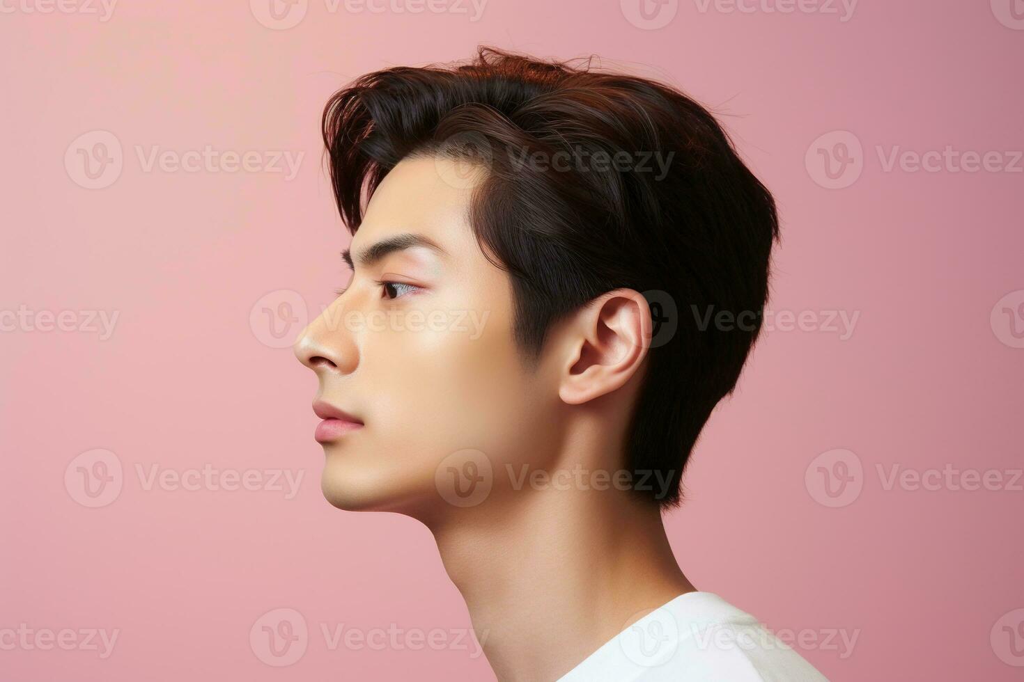 portrait de une magnifique Jeune asiatique homme sur rose arrière-plan.asiatique beauté ai généré photo