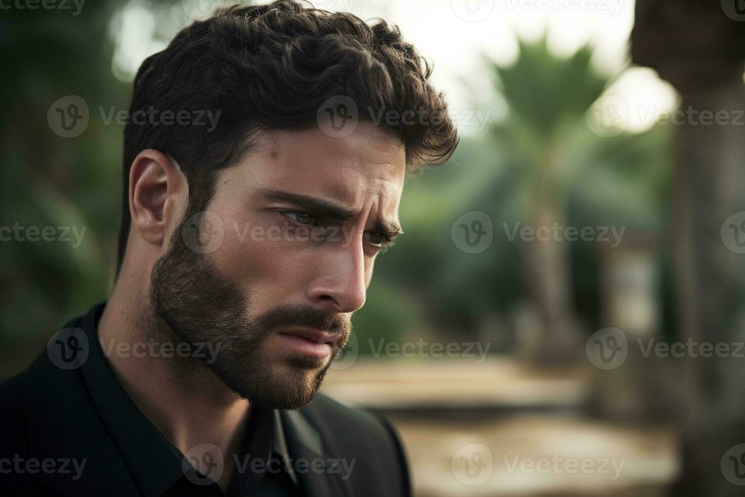 portrait de une triste et déprimé homme dans une noir manteau sur le Contexte de une cimetière.funérailles concept ai généré photo