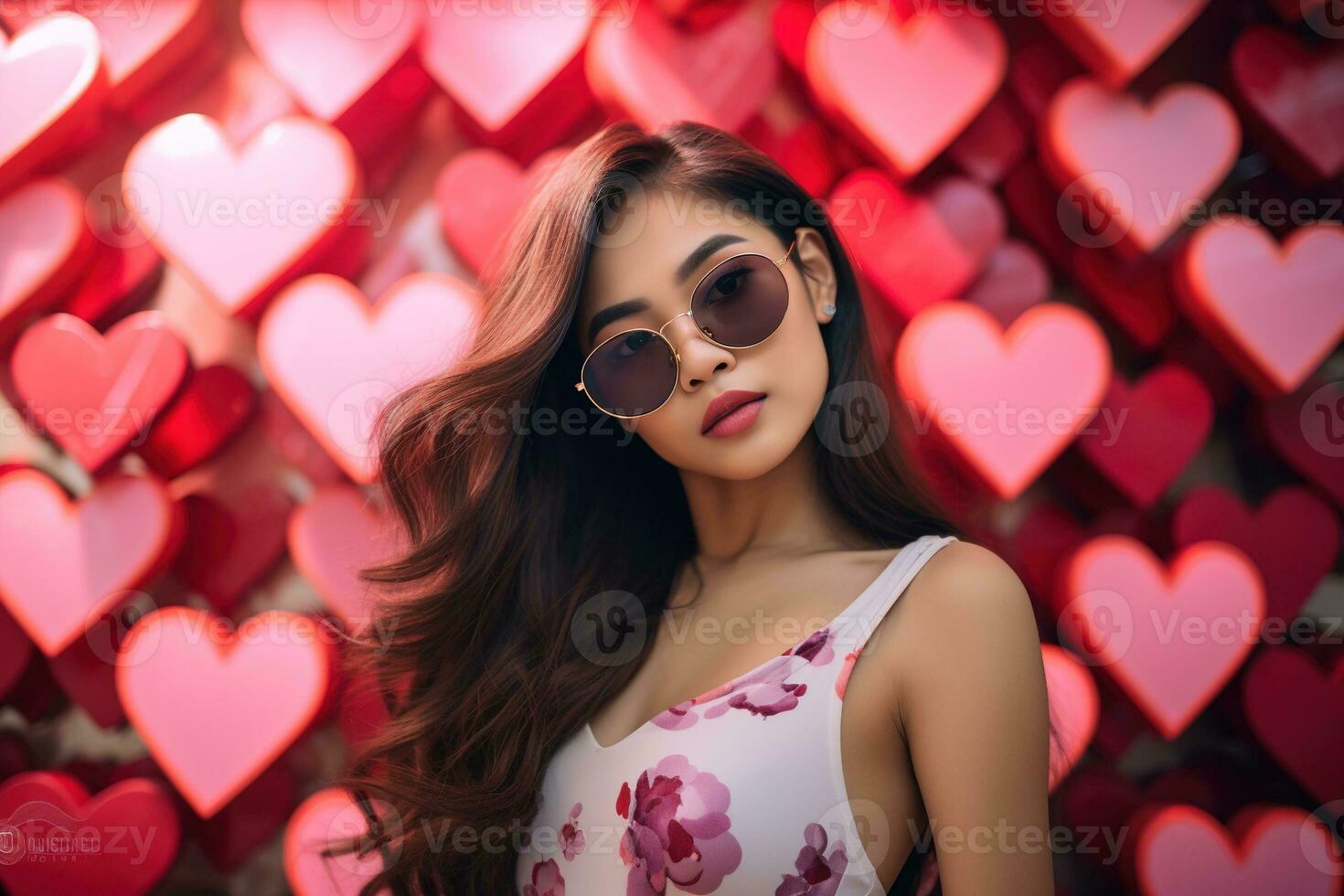 la Saint-Valentin journée. portrait de magnifique Jeune asiatique femme dans des lunettes de soleil sur rouge Contexte avec cœurs. ai généré photo