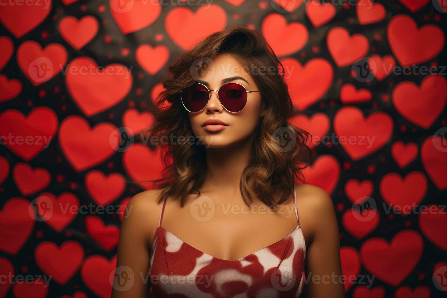 la Saint-Valentin journée. portrait de magnifique Jeune femme dans des lunettes de soleil sur rouge Contexte avec cœurs. ai généré photo