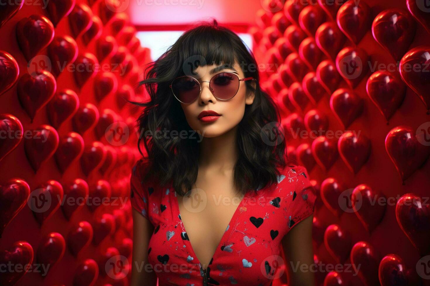 la Saint-Valentin journée. portrait de magnifique Jeune asiatique femme dans des lunettes de soleil sur rouge Contexte avec cœurs. ai généré photo