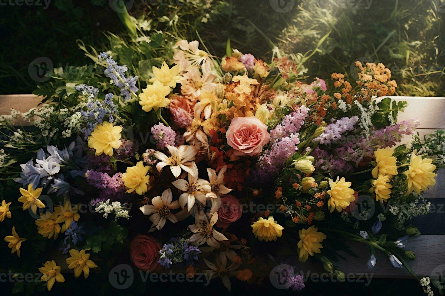 coloré fleurs sur le la tombe dans le cimetière, funéraire concept. ai généré photo