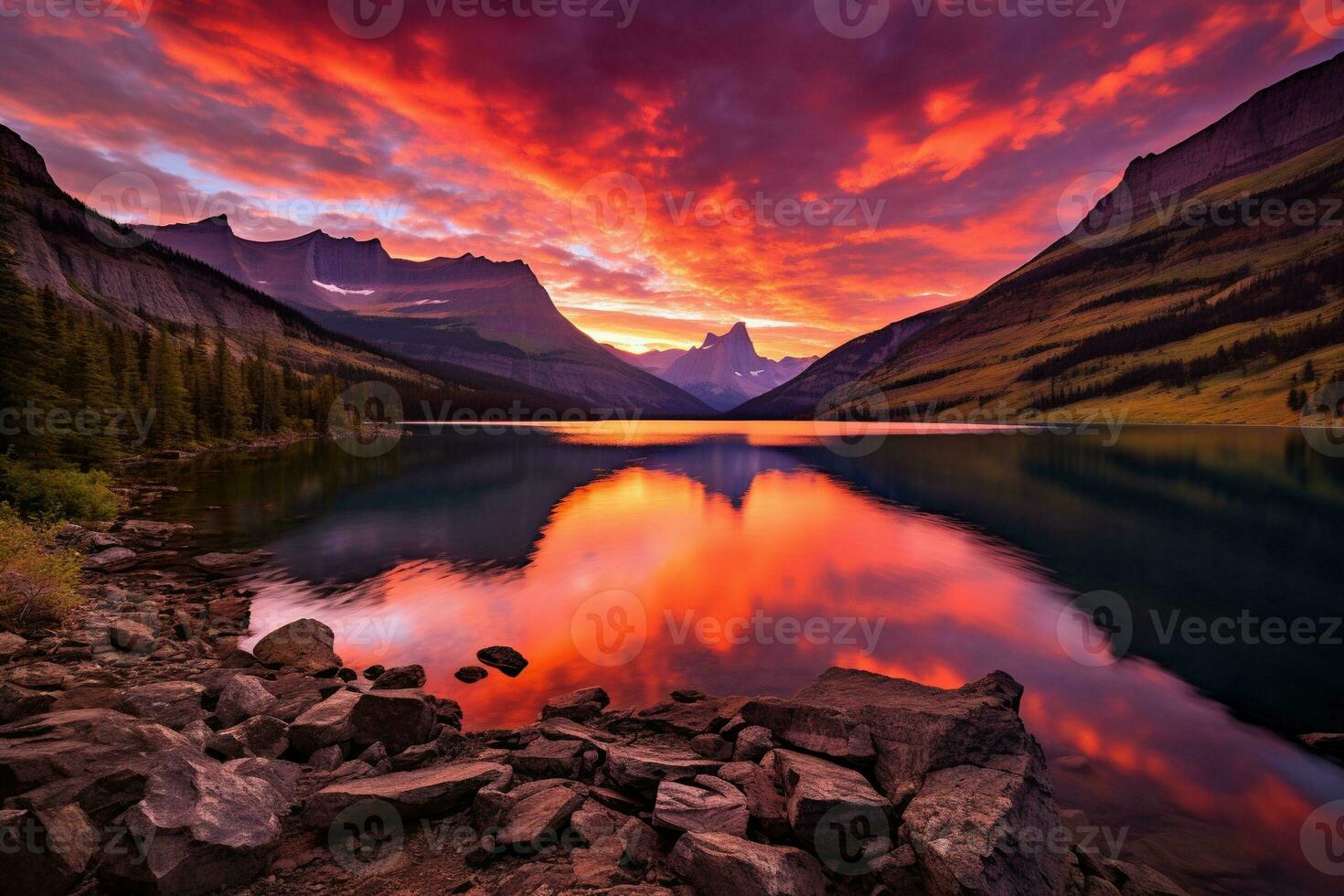 majestueux le coucher du soleil dans glacier nationale parc, Montana, Etats-Unis. ai généré photo