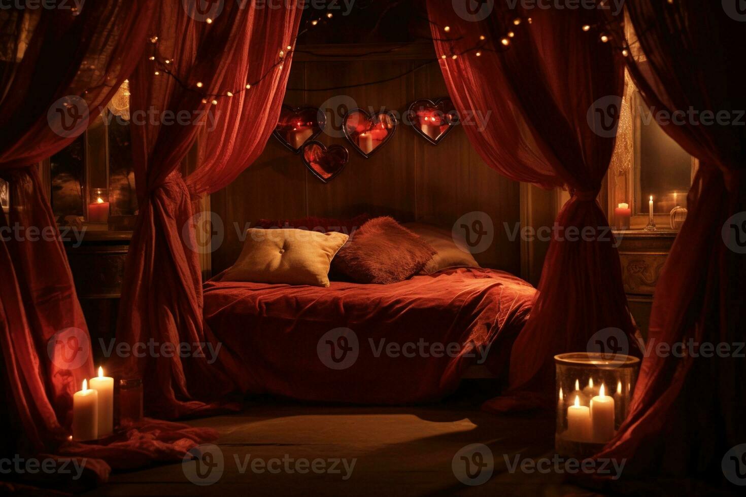 romantique pièce intérieur avec rose rideaux et rouge cœurs. la Saint-Valentin journée concept. ai généré photo