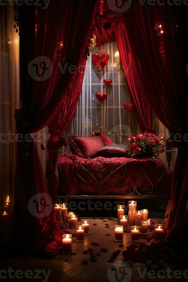 romantique pièce intérieur avec rose rideaux et rouge cœurs. la Saint-Valentin journée concept. ai généré photo