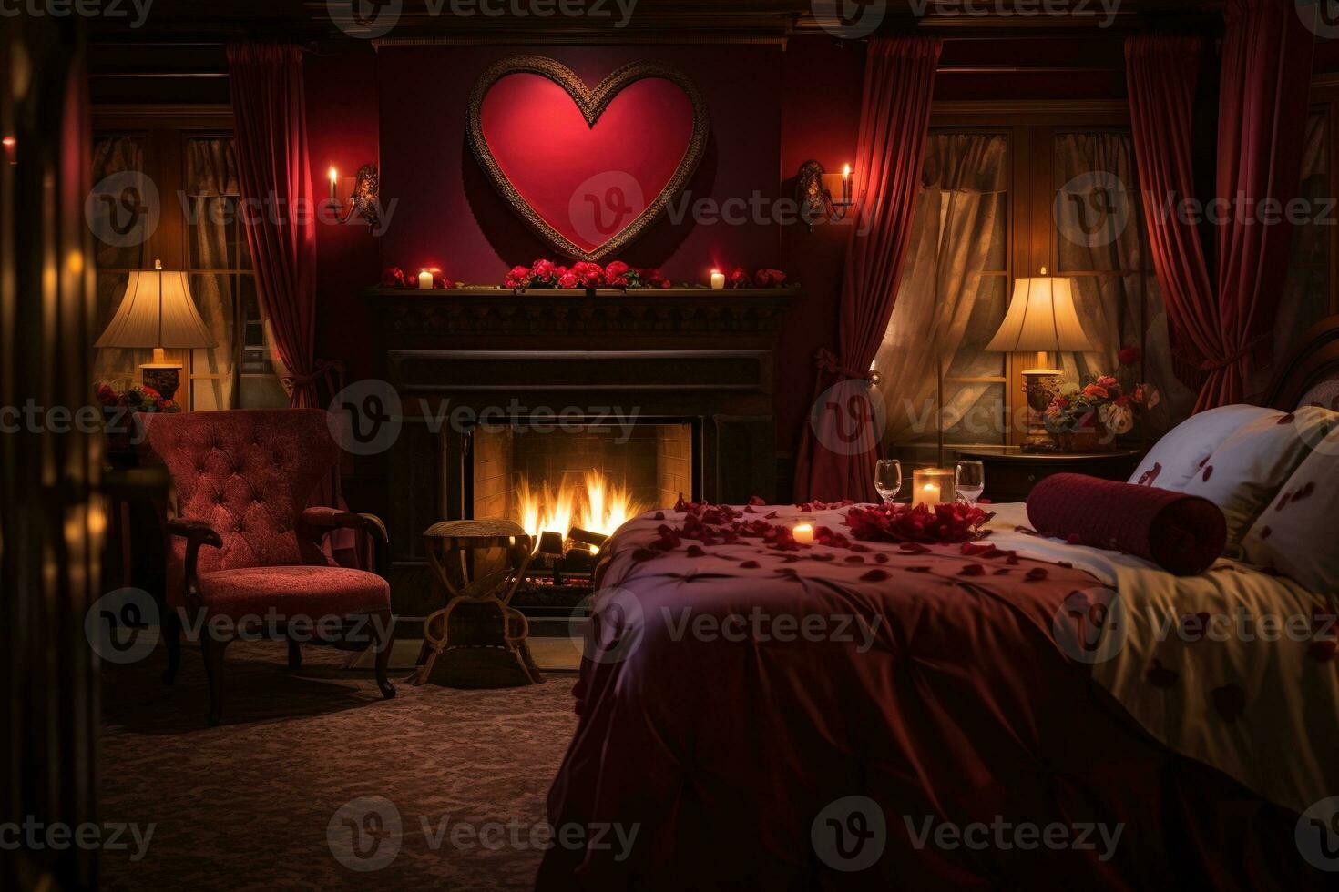 romantique pièce intérieur avec rose rideaux et rouge cœurs. la Saint-Valentin journée concept. ai généré photo