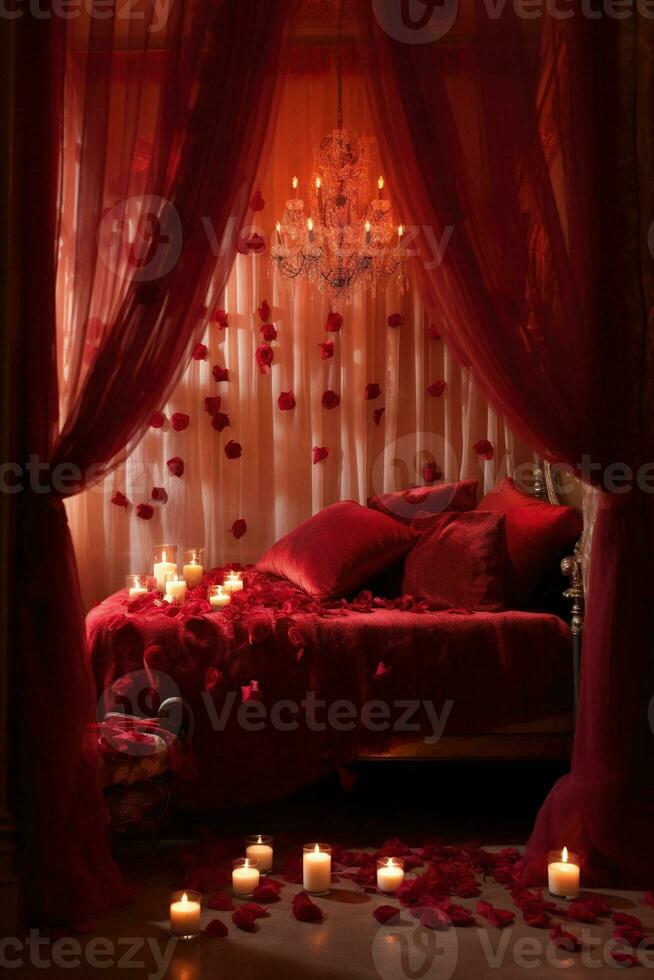 romantique pièce intérieur avec rose rideaux et rouge cœurs. la Saint-Valentin journée concept. ai généré photo