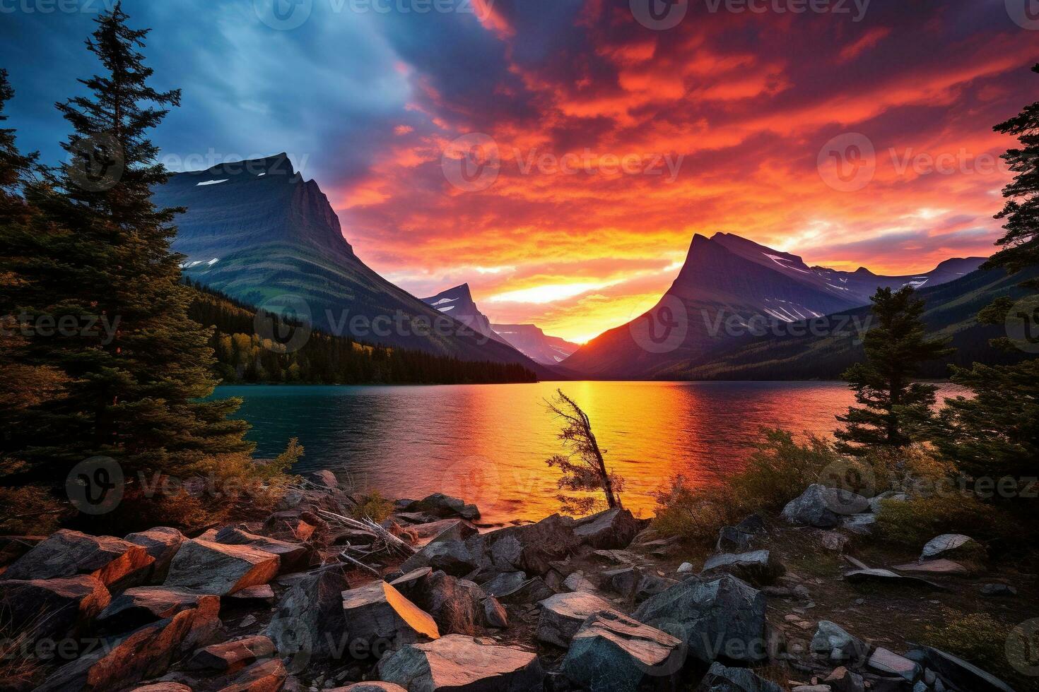 le coucher du soleil plus de glacier nationale parc, Montana, uni États de Amérique ai généré photo