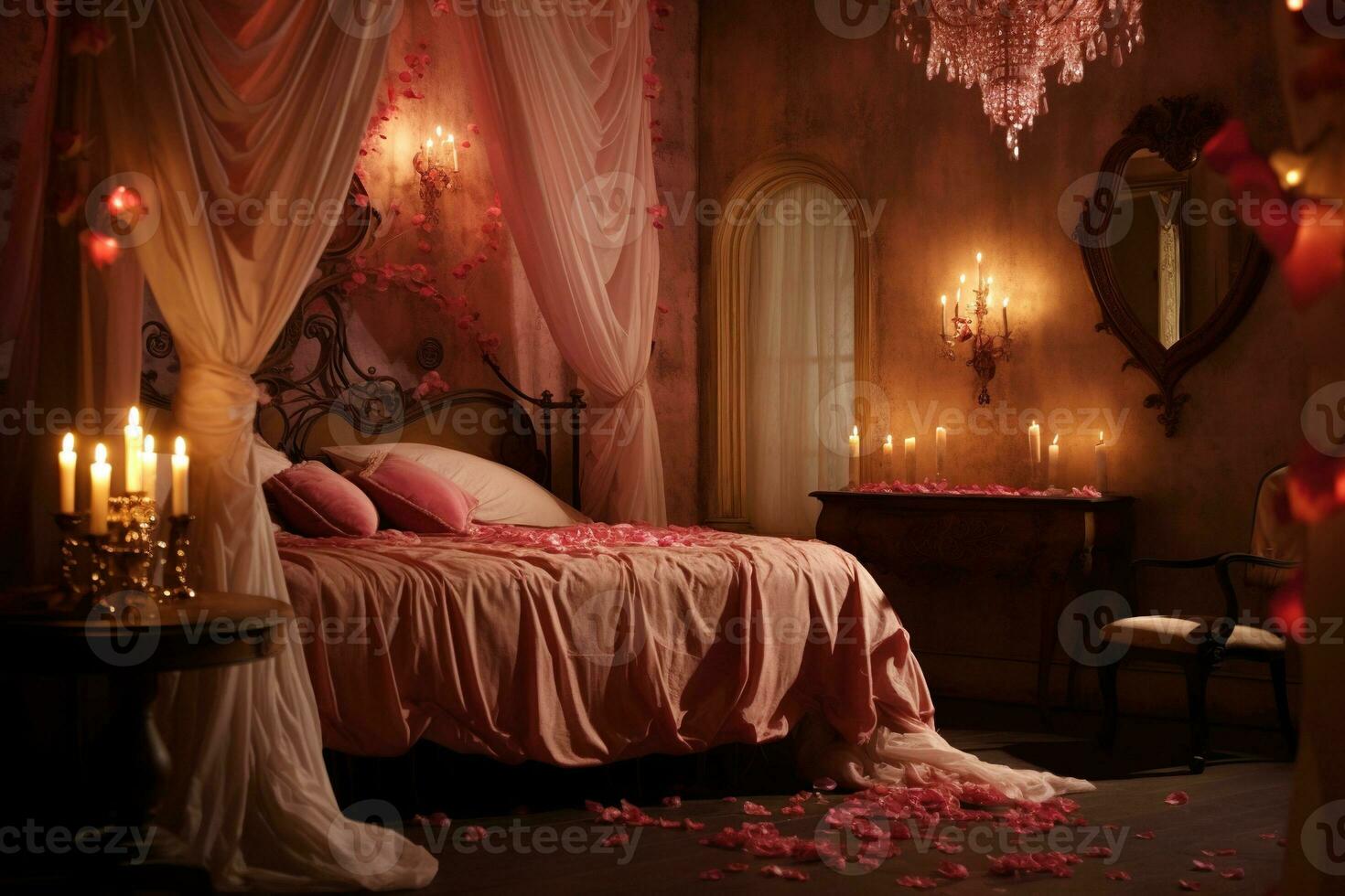 romantique pièce intérieur avec rose rideaux et rouge cœurs. la Saint-Valentin journée concept. ai généré photo