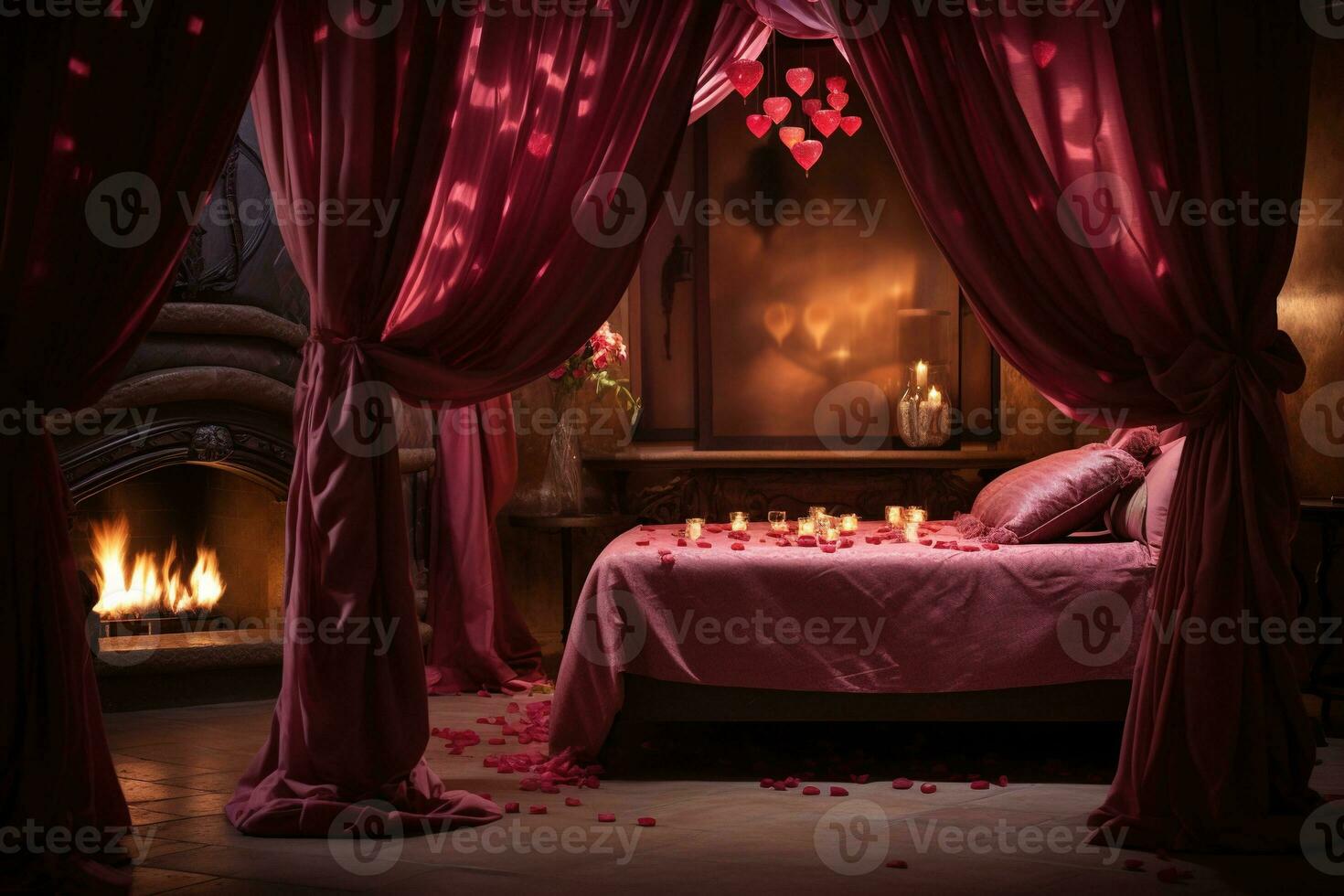 romantique pièce intérieur avec rose rideaux et rouge cœurs. la Saint-Valentin journée concept. ai généré photo