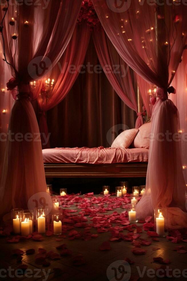 romantique pièce intérieur avec rose rideaux et rouge cœurs. la Saint-Valentin journée concept. ai généré photo