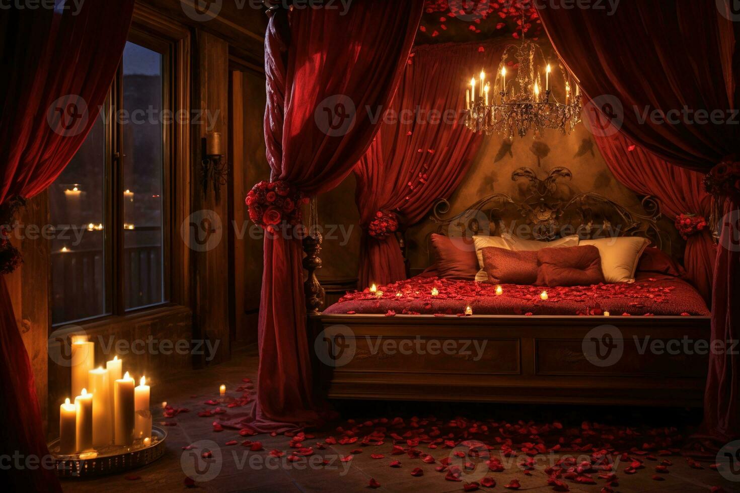 romantique pièce intérieur avec rose rideaux et rouge cœurs. la Saint-Valentin journée concept. ai généré photo