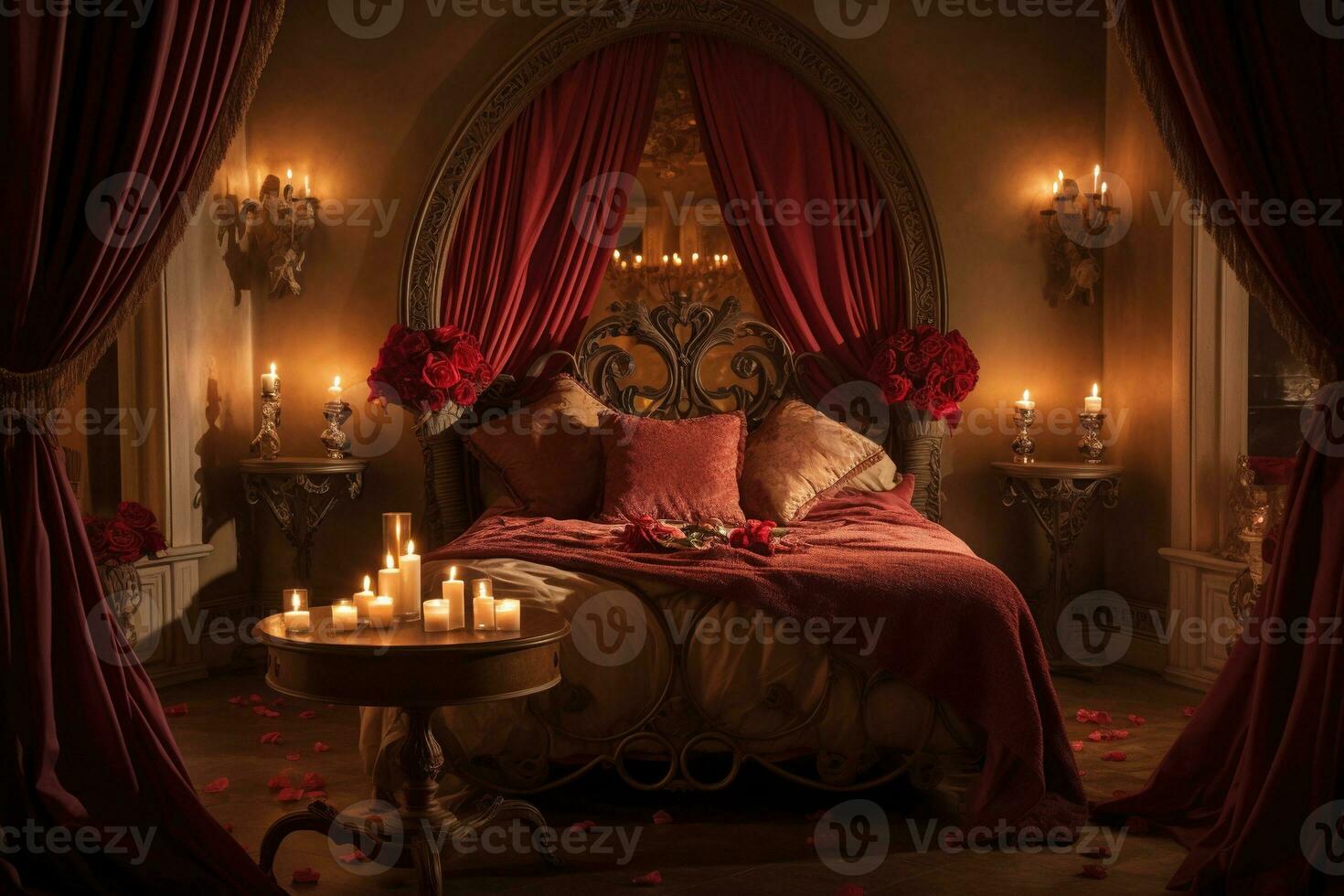 romantique pièce intérieur avec rose rideaux et rouge cœurs. la Saint-Valentin journée concept. ai généré photo