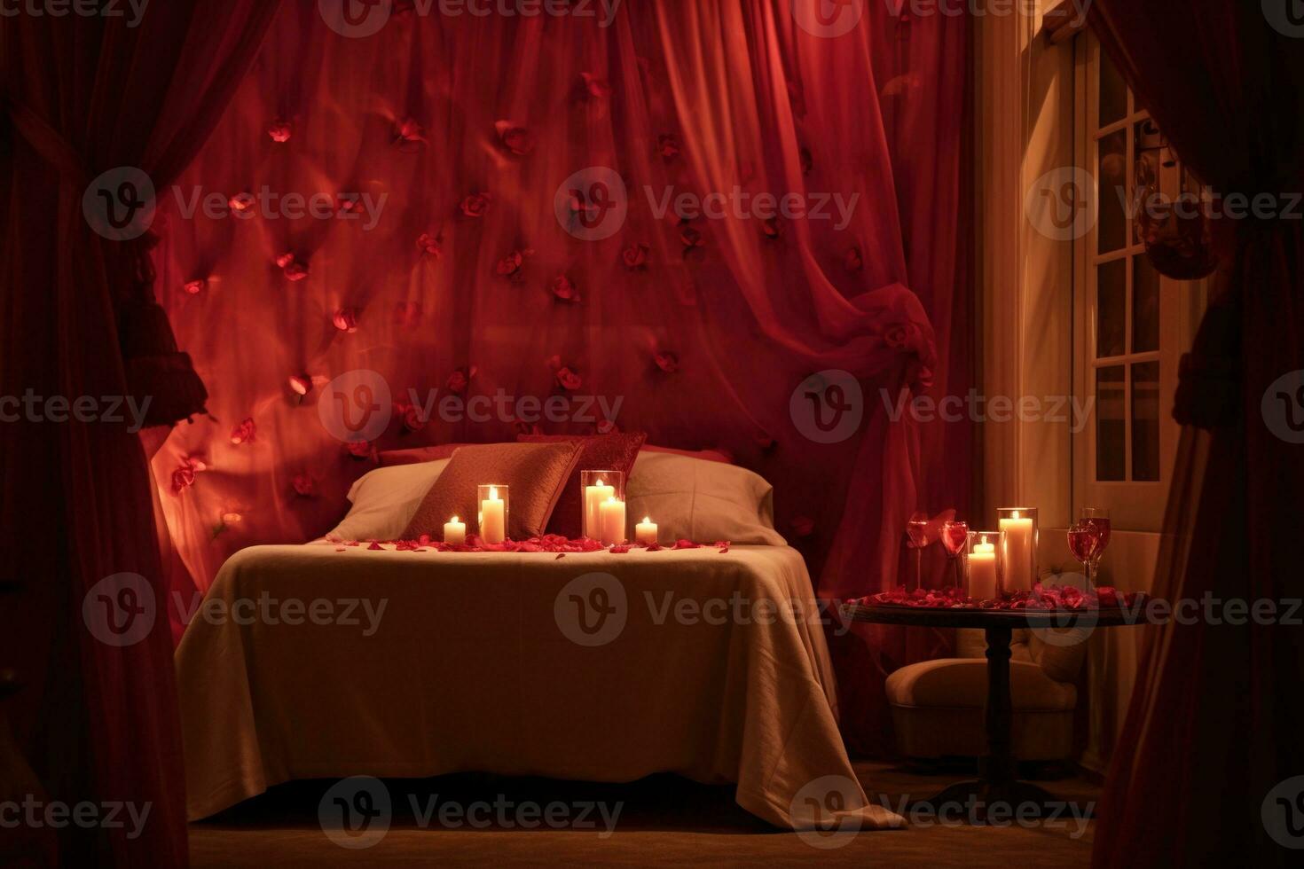 romantique pièce intérieur avec rose rideaux et rouge cœurs. la Saint-Valentin journée concept. ai généré photo