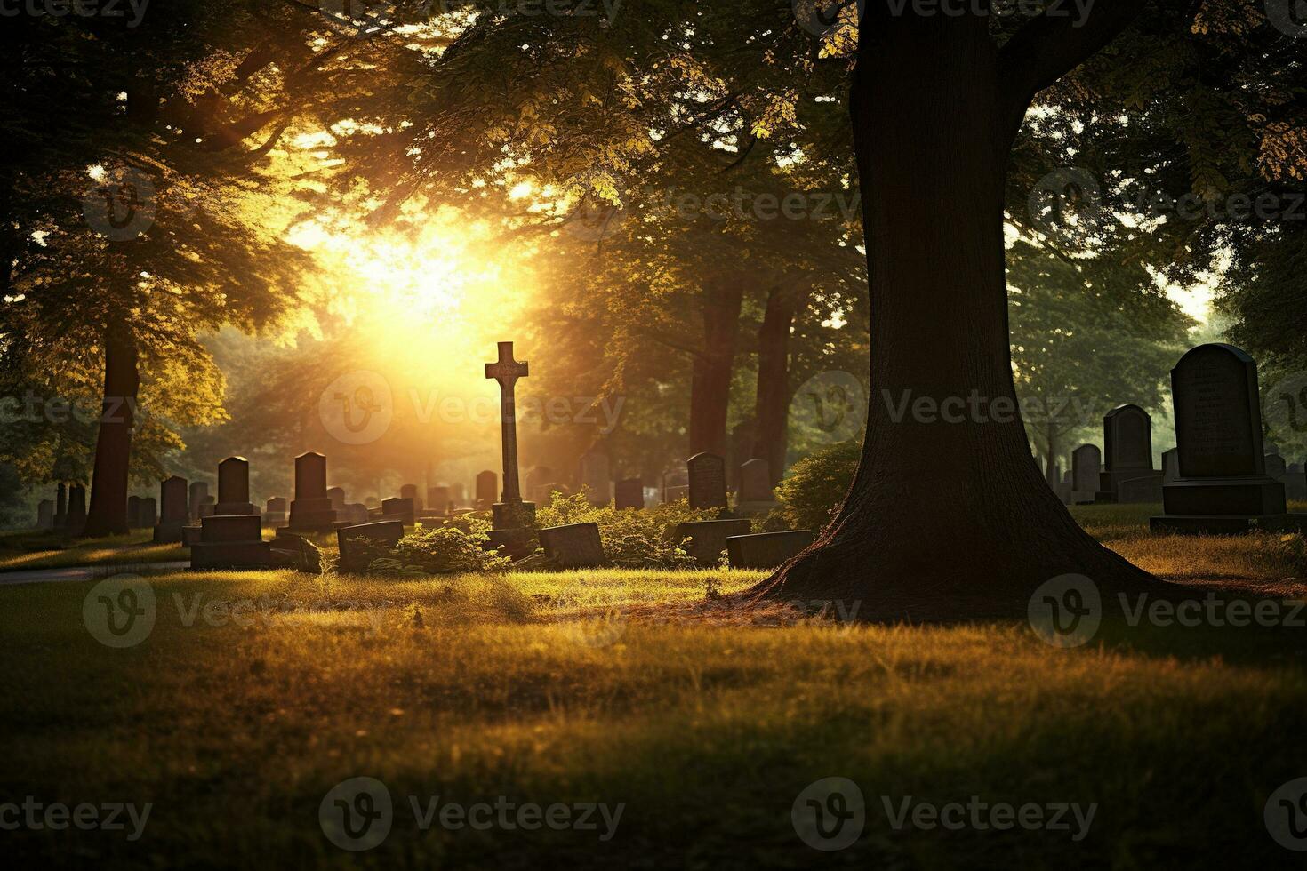 pierres tombales dans une cimetière à lever du soleil ai généré photo